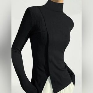 UOOZEE Skinny Solid Color Split Joint High Neck Tshirt